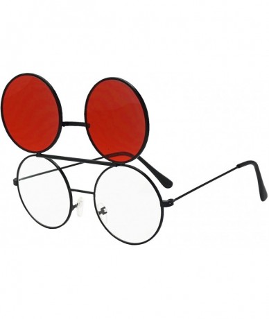 Round Round Circular Django Flip-Up Steampunk Inspired Metal Two in One Sunglasses - Black - Red Lens - C4189U50YL3 $23.84