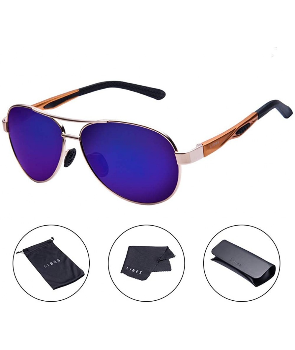 Round Driving Polarized Sunglasses for Men Classic Aviator Sports Sunglasses - Gold Frame/Dark Blue Lens - CY18GGYWWQN $40.03