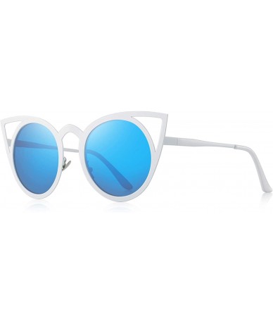 Aviator Cat Eye Sunglasses Round Metal Cut-Out Flash Mirror Lens Sun glasses S8064 - Blue - C812MZVSJSJ $19.83