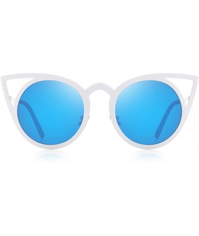 Aviator Cat Eye Sunglasses Round Metal Cut-Out Flash Mirror Lens Sun glasses S8064 - Blue - C812MZVSJSJ $19.83