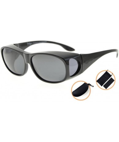 Rectangular Retro Style Polarized Fitover Sunglasses for Wear Over Glasses (Black/Grey Lenses) - S029 Black - CQ184OXRIWE $26.42