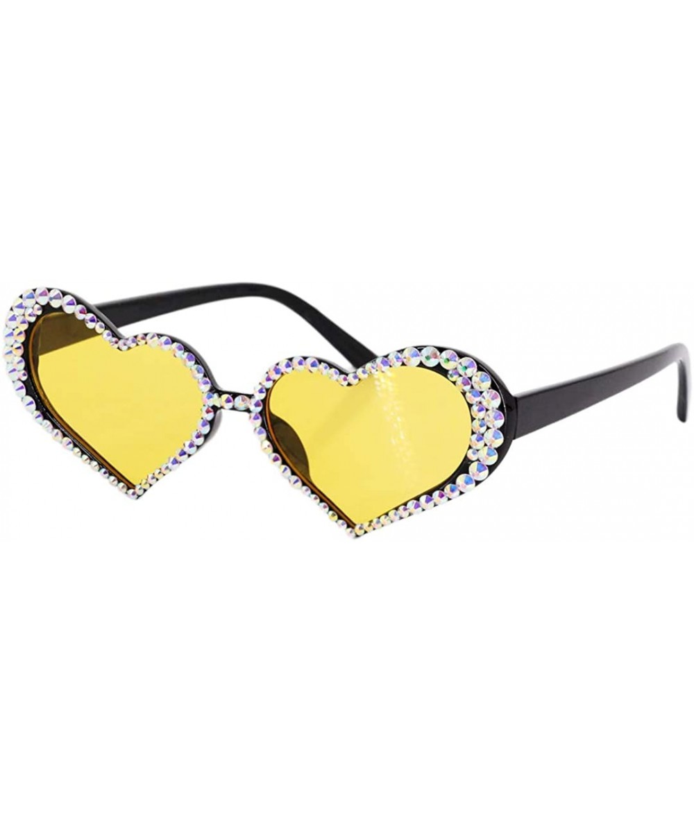 Oversized Sparkling Heart Shape Frame Crystal Sunglasses UV Protection Rhinestone Sunglasses - Yellow - CX18AG0DE59 $30.04