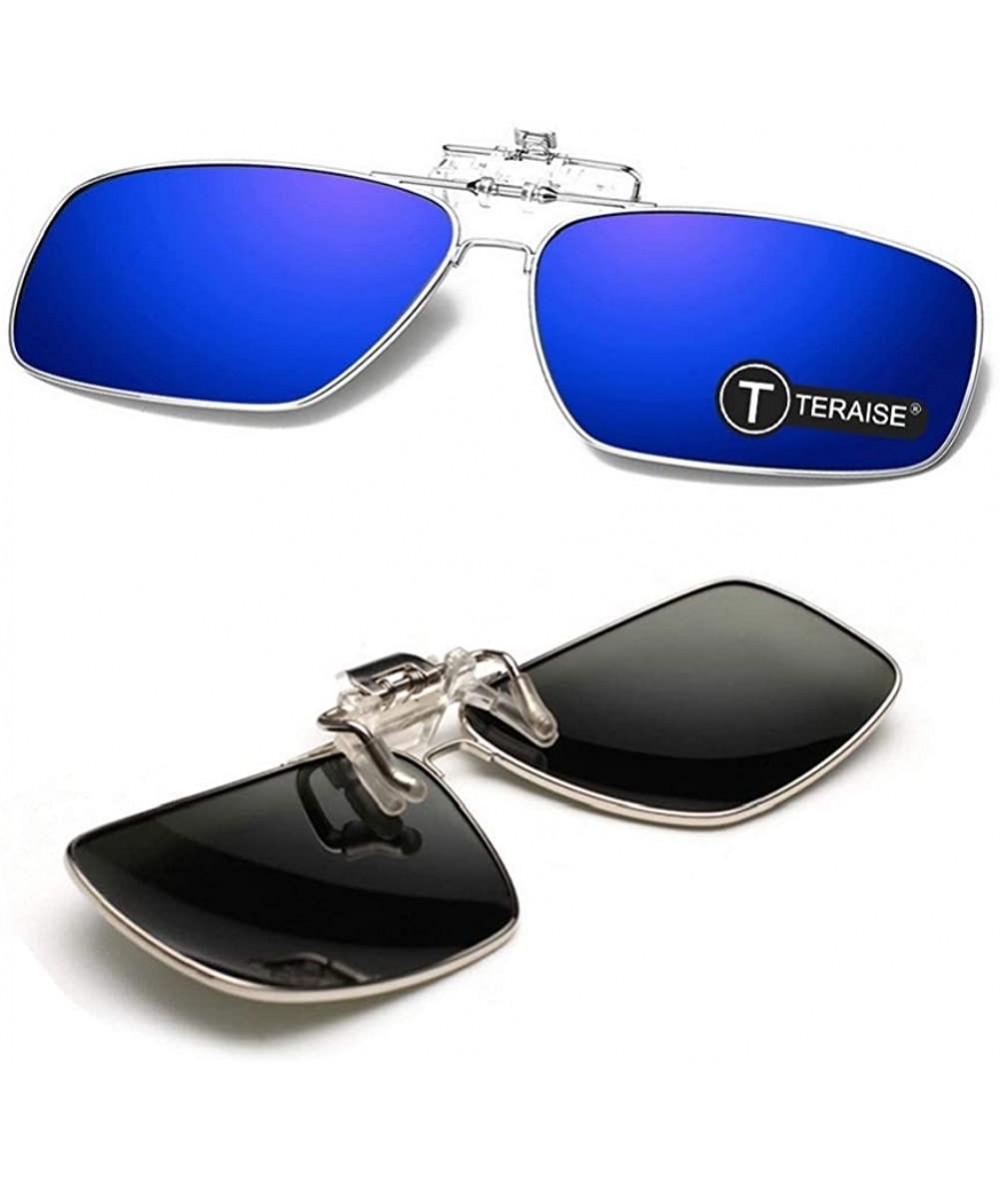 Rectangular Polarized Clip-on Sunglasses with Flip Up Function Suitable Driving Sports - Blue - CM18GCCCSDC $27.17