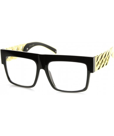 Aviator High Fashion Metal Chain Arm Clear Lens Flat Top Aviator Glasses (Shiny Black Gold) - CR11FOUEUVD $19.35