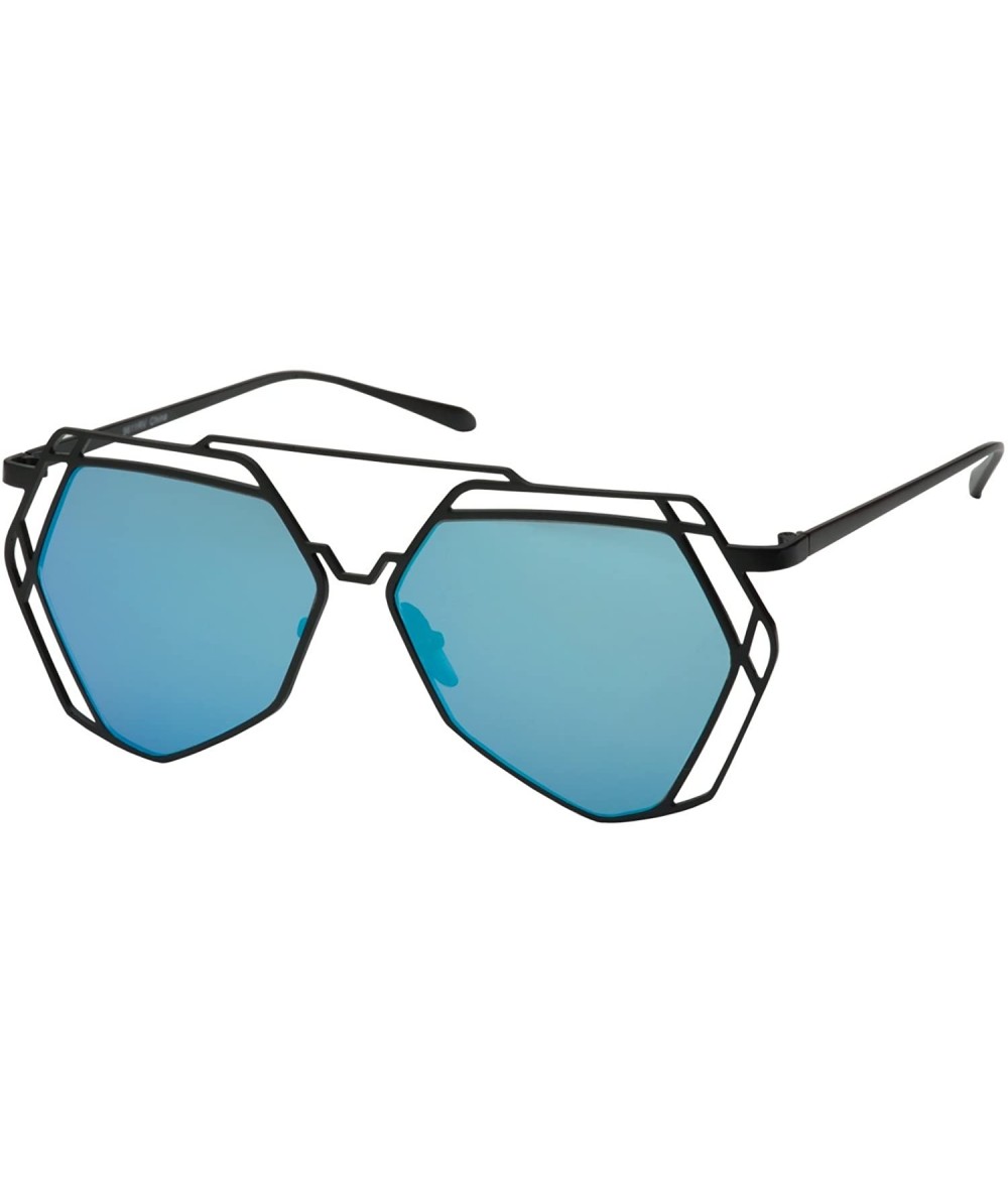 Aviator Women's Mirrored Heptagon Flat Lens Sunglasses - Black Frame Blue Lens - CO12LO3I8DJ $22.72