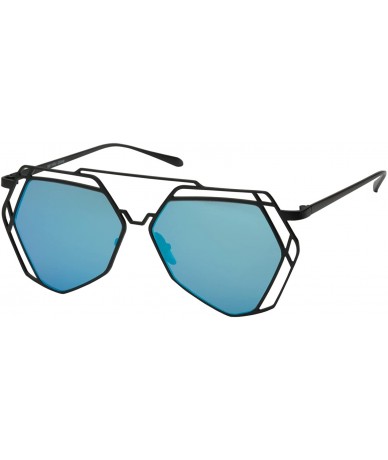 Aviator Women's Mirrored Heptagon Flat Lens Sunglasses - Black Frame Blue Lens - CO12LO3I8DJ $22.72