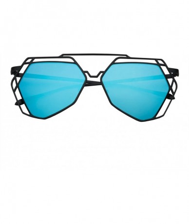 Aviator Women's Mirrored Heptagon Flat Lens Sunglasses - Black Frame Blue Lens - CO12LO3I8DJ $22.72