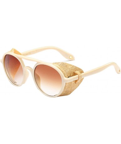 Round Women's Retro Classic Round Plastic Frame Sunglasses With Leather - Beige Yellow Brown - C618W8G7MTX $44.52