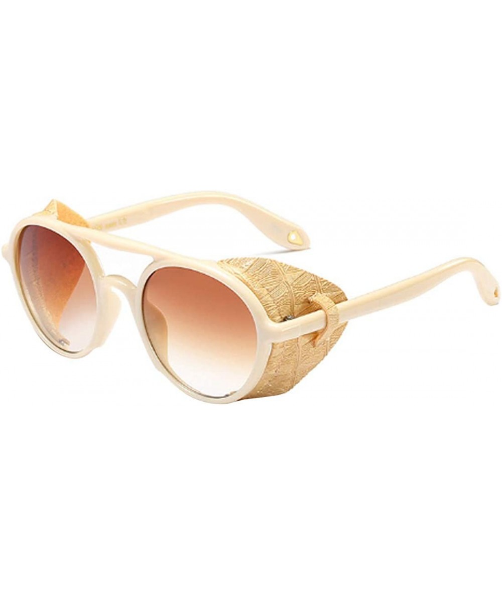 Round Women's Retro Classic Round Plastic Frame Sunglasses With Leather - Beige Yellow Brown - C618W8G7MTX $44.52