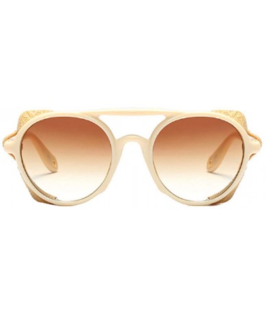 Round Women's Retro Classic Round Plastic Frame Sunglasses With Leather - Beige Yellow Brown - C618W8G7MTX $44.52