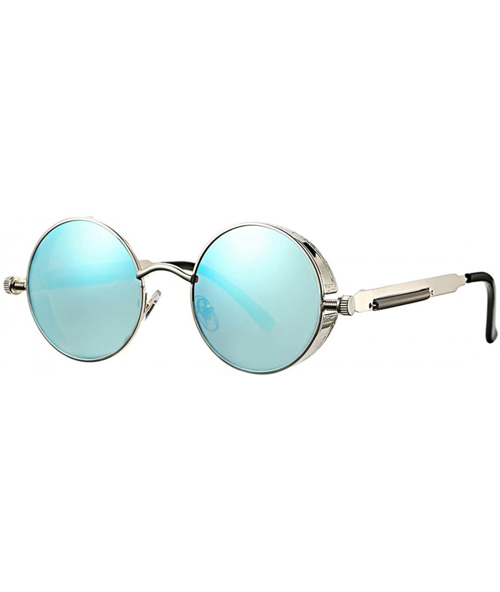 Round Vintage Small Oval Steampunk Sunglasses Metal Frame UV400 Lens Gothic Style Shades - Silver Frame/Blue Lens - CD189IL32...