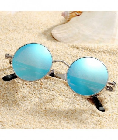 Round Vintage Small Oval Steampunk Sunglasses Metal Frame UV400 Lens Gothic Style Shades - Silver Frame/Blue Lens - CD189IL32...