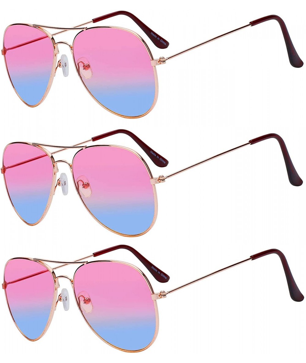 Round 3 Pairs Classic Aviator Sunglasses Two Tone Color Lens Gold Metal Frame - Pink-blue - C418NOXZ783 $18.12