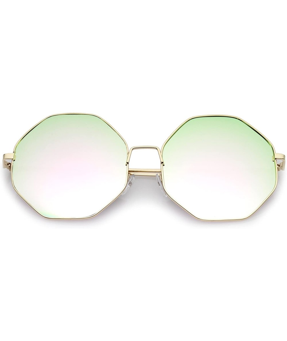 Oversized Oversize Metal Frame Slim Temple Colored Mirror Lens Hexagon Sunglasses 63mm - Gold / Pink-green Mirror - CQ12OCUTO...