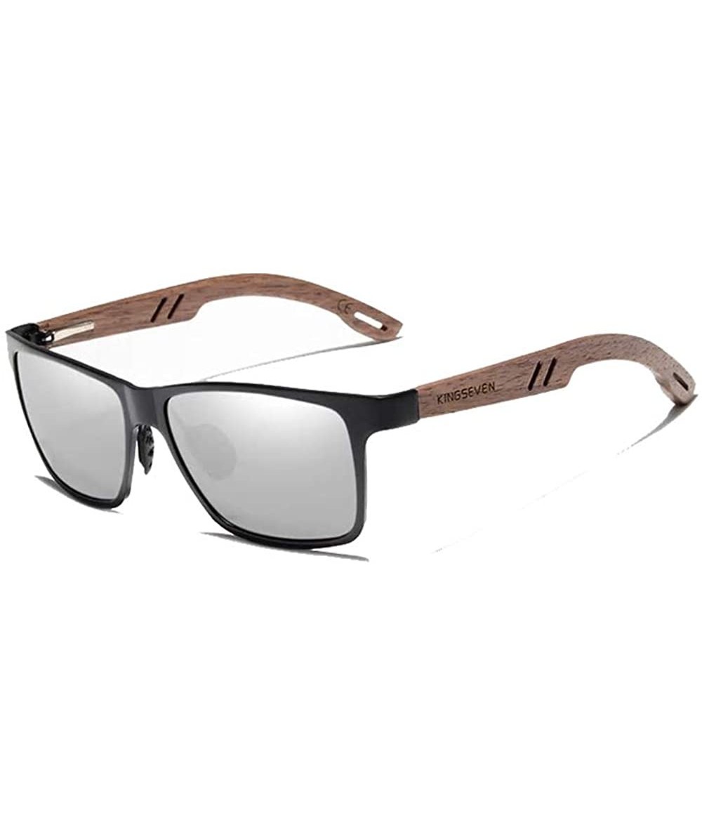 Rectangular Genuine adjustable sunglasses Square men polarized UV400 Al-Mg And Walnut Wood - Black/Silver - CF18WZ8XHMH $42.30