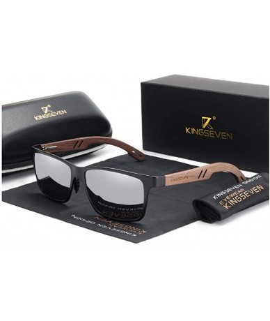 Rectangular Genuine adjustable sunglasses Square men polarized UV400 Al-Mg And Walnut Wood - Black/Silver - CF18WZ8XHMH $42.30