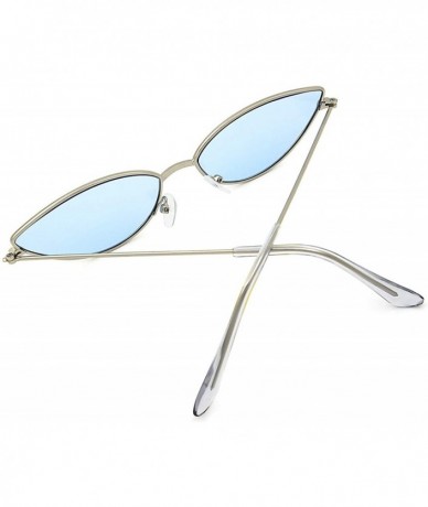 Rectangular Fashion Cateye Small Metal Frame Sunglasses for Women UV 400 Protection - Silver Frame Blue Lens - CJ18RCL2TEZ $1...