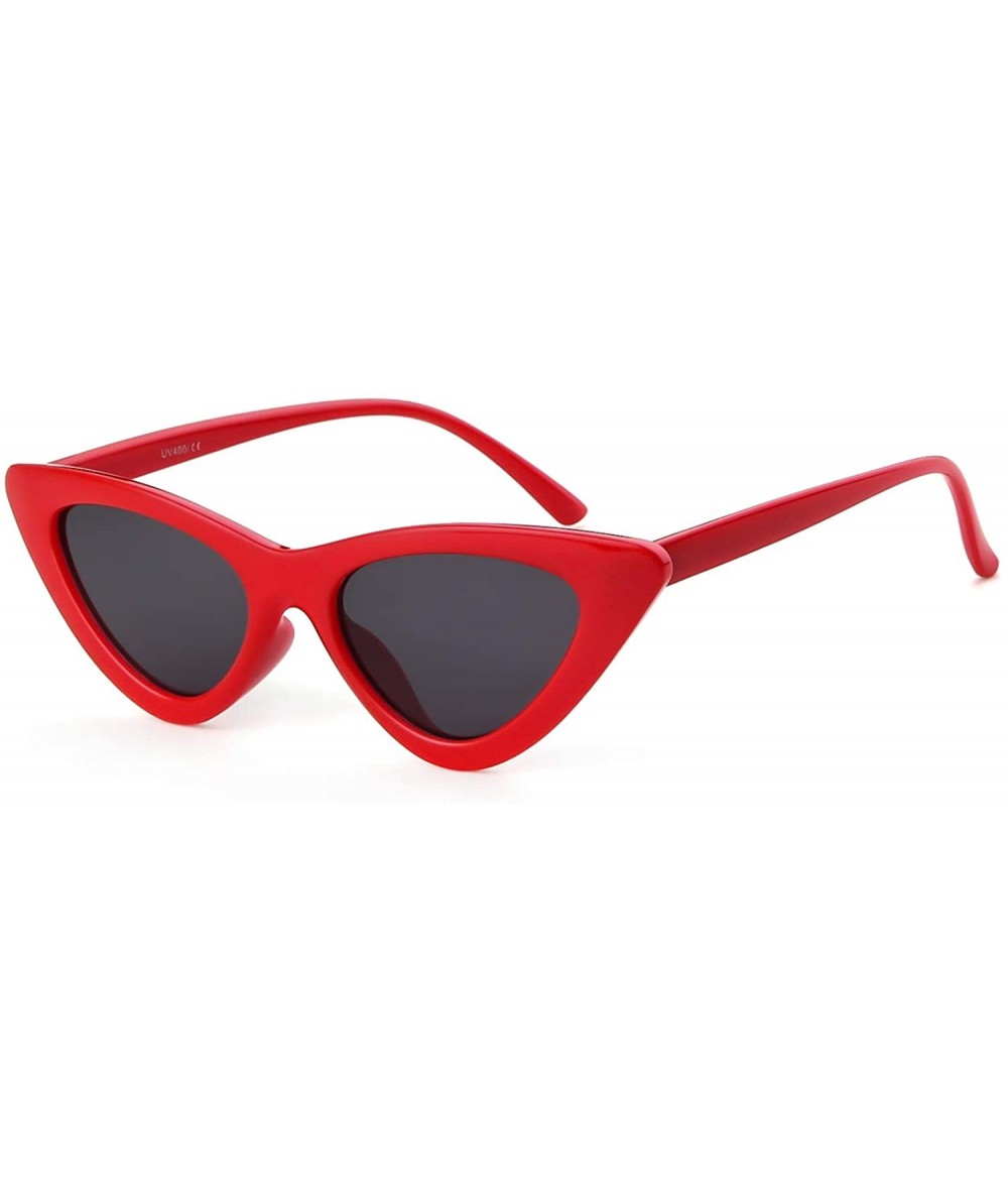 Goggle Retro Vintage Cateye Sunglasses for Women Clout Goggles Plastic Frame Glasses - Glossy Red Frame Grey Lense - CE187MXX...