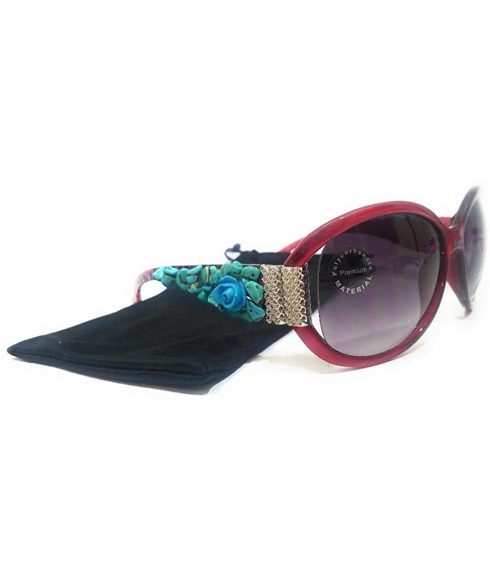 Rectangular Beaded Rhinestone Bling Womens Western Sunglasses Turquoise + Case - Red Leopard Rose - C618WLHINE0 $40.63