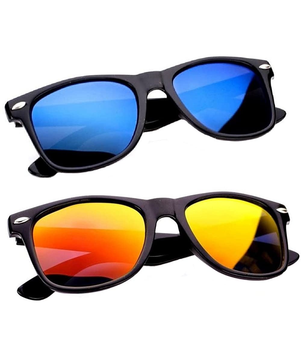 Wayfarer 2 pairs gloss black classic 80's sunglasses with color mirror lens unisex - 1 X Blue 1 X Fire - C31237F7POF $18.00