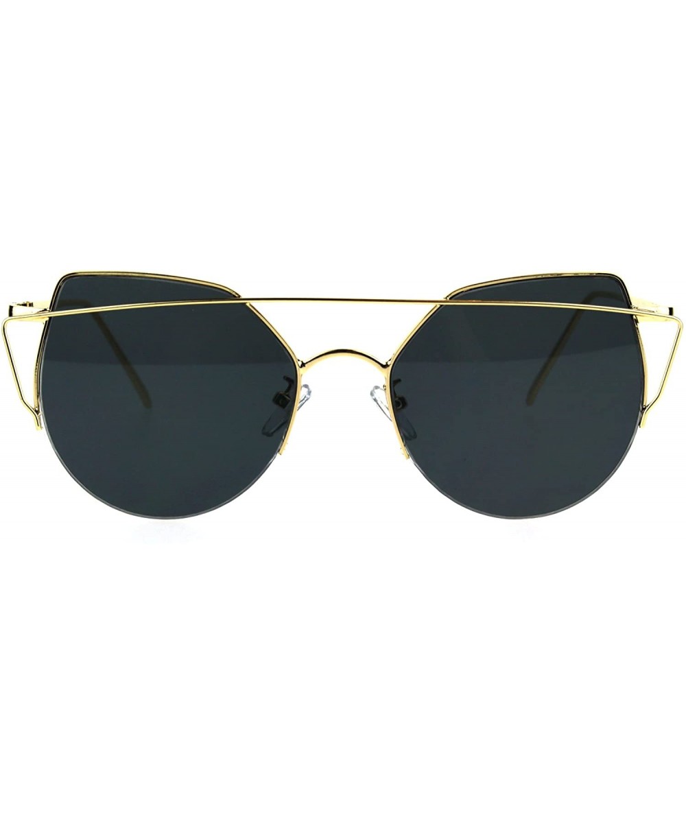 Butterfly Womens Flat Lens Cross Bar Metal Wire Round Half Rim Cat Eye Sunglasses - Gold Black - C7184QMZ0U8 $27.31