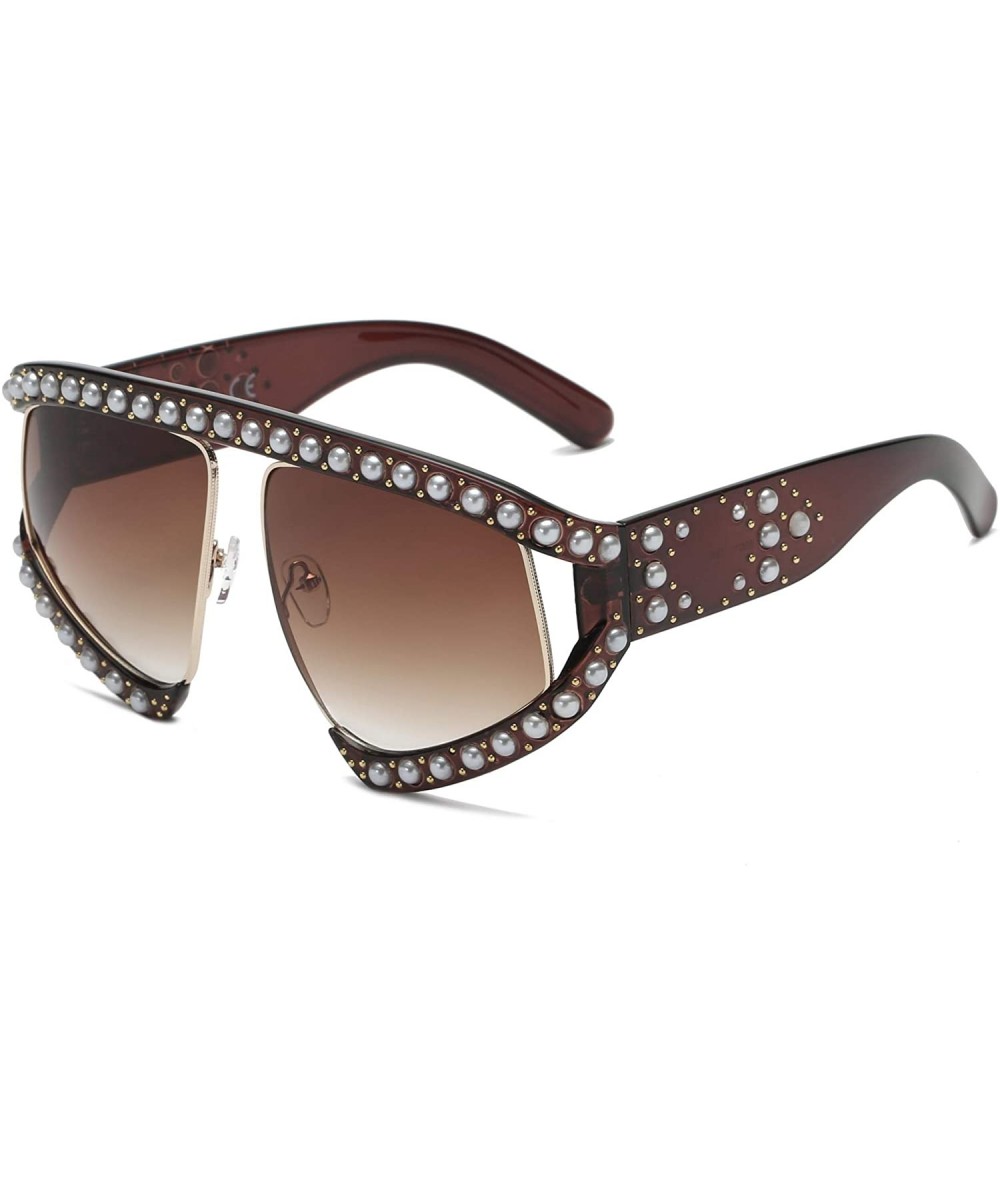 Oversized Women Retro Half Frame Shield Rhinestone Pearls Large Oversized UV Protection Fashion Sunglasses - Brown - C918WSEN...