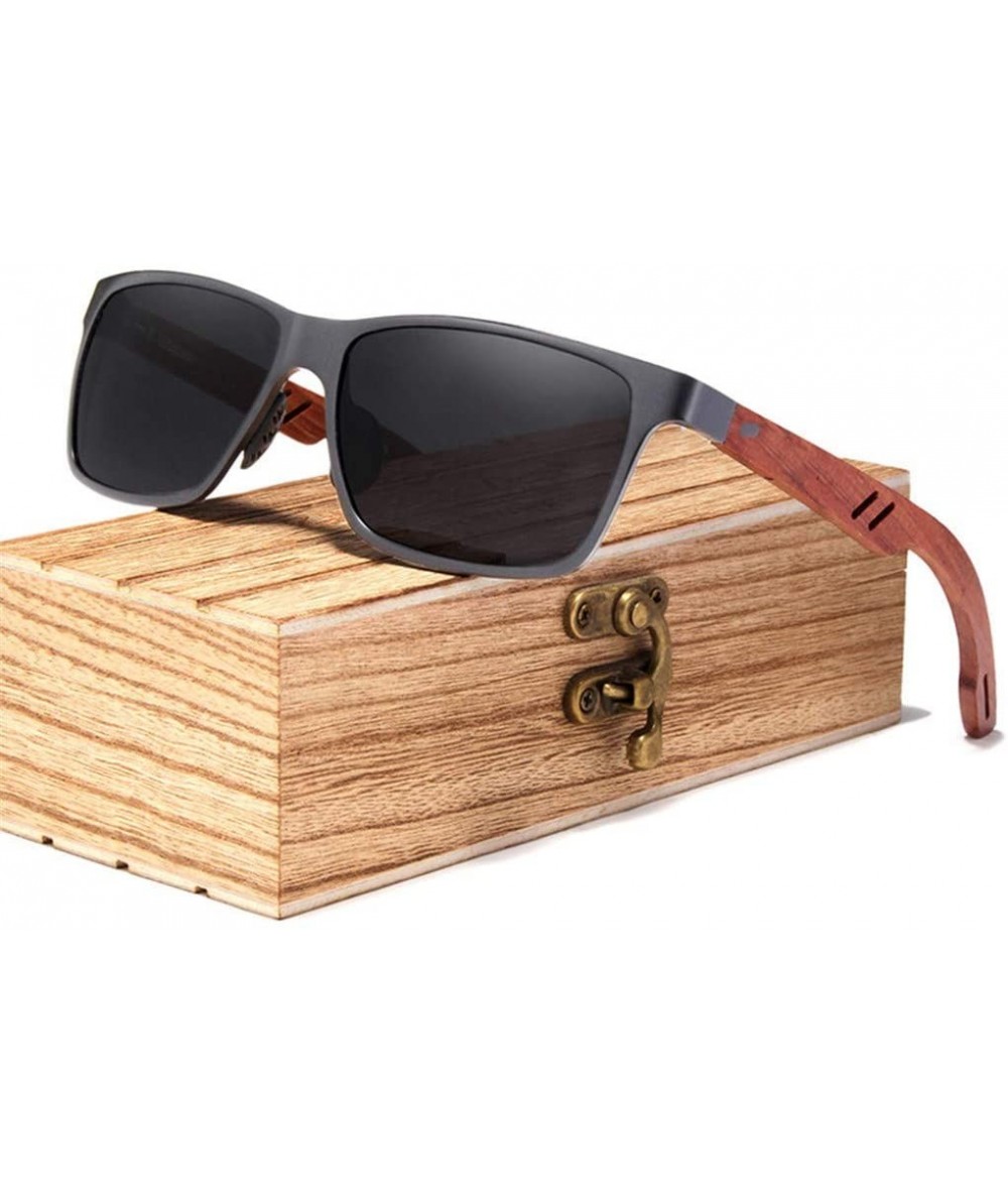 Square Retro Women's Glasses Sunglasses Men Vintage Aluminum Wood Sun Glasses for Men with Wood Case - Gun Bubinga Wood - CP1...