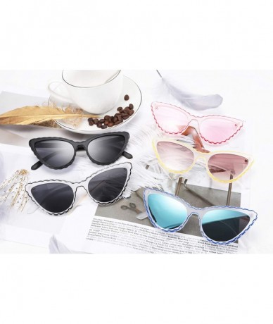 Cat Eye Vintage Cat Eye Sunglasses Women Cute Wave Pattern UV400 B2465 - Black - CG18NM3WQ54 $18.03