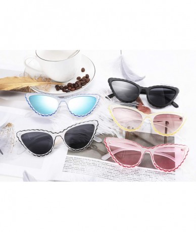 Cat Eye Vintage Cat Eye Sunglasses Women Cute Wave Pattern UV400 B2465 - Black - CG18NM3WQ54 $18.03