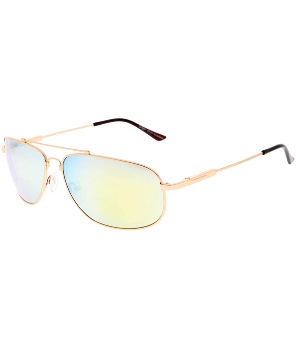 Rectangular Bifocal Reading Sunglasses Bendable Memory Sunshine Readers Women Men - Gold Frame Gold Mirror - CM18037568D $47.80