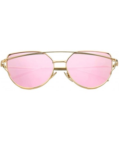 Cat Eye Cat Eye Fashion Metal Frame - Mirrored Flat Lenses Women Sunglasses - Gold Frame @ Pink Lens - C318L2DRMDK $19.38