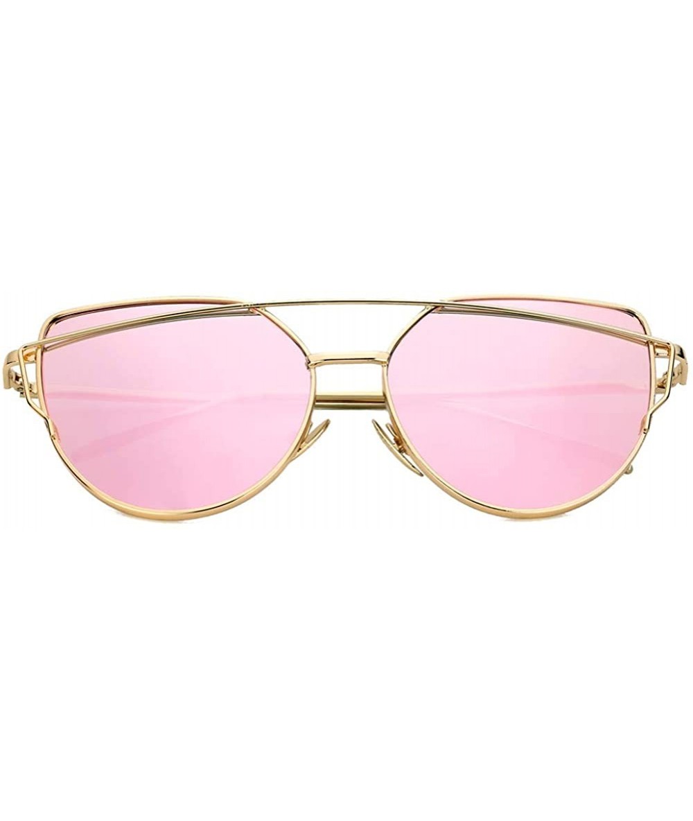 Cat Eye Cat Eye Fashion Metal Frame - Mirrored Flat Lenses Women Sunglasses - Gold Frame @ Pink Lens - C318L2DRMDK $19.38