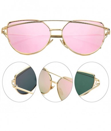 Cat Eye Cat Eye Fashion Metal Frame - Mirrored Flat Lenses Women Sunglasses - Gold Frame @ Pink Lens - C318L2DRMDK $19.38