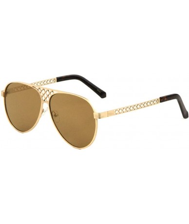 Round Flat Lens Fence Frontal & Temple Pattern Modern Round Aviator Sunglasses - Brown Gold - CV190ER0O9Q $26.89