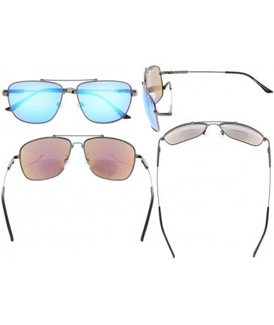 Rectangular Memory Bifocal Sunglasses Bendable Titanium Reading Sunglasses - Gunmetal Frame Blue Mirror - CH18033YKKZ $48.31