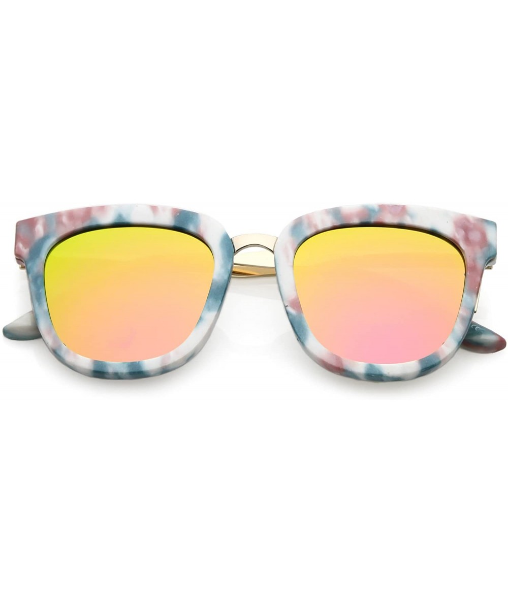 Square Marble Printed Metal Nose Bridge Colored Mirror Square Flat Lens Horn Rimmed Sunglasses 49mm - CX188HCSZX7 $23.23