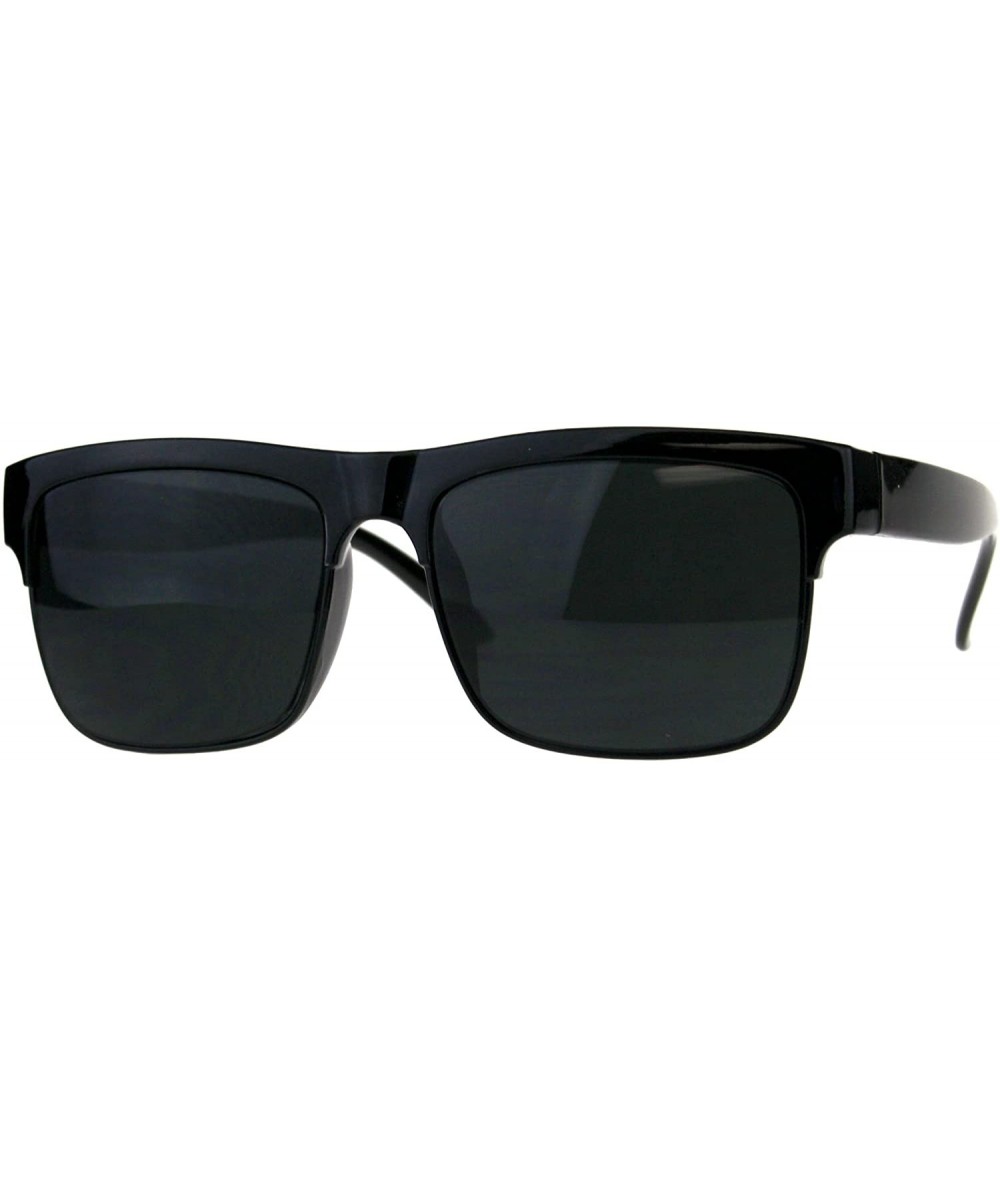 Rectangular Mens All Black Half Horn Rim Rectangular Hipster Plastic Sunglasses - Shiny Black - C118D4ITG4C $17.99