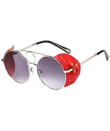 Round Women's Fashion Sunglasses Metal Round Frame Eyewear With Leather - Silver Gray - CF18W7K5NMX $51.12