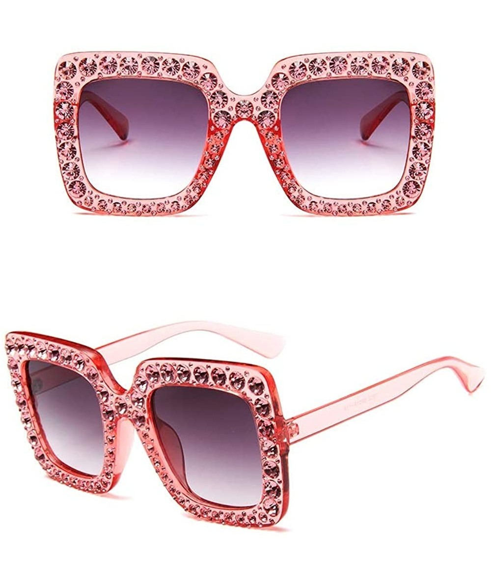 Square Crystal Studded Rim Oversized Square Sunglasses - Red Frame Purple Lens - CD18Q3UK03U $39.84