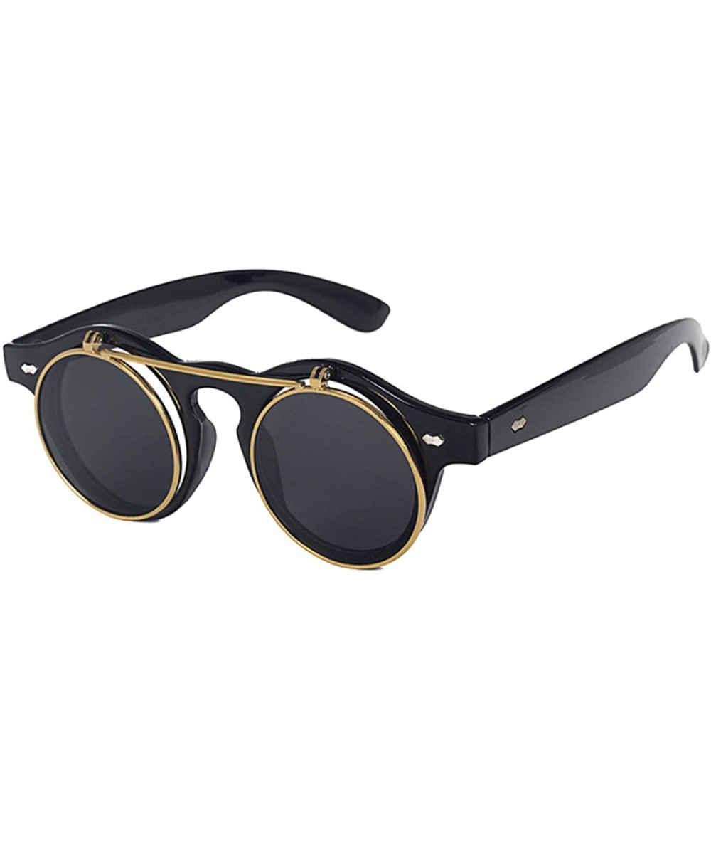 Round Retro Steampunk Round Circle Flip Up Sunglasses - Black - CT18NATDQE3 $18.59