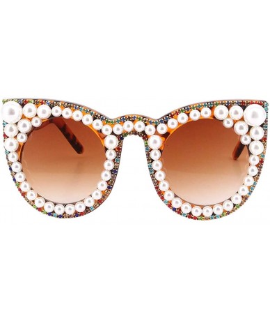 Round Fashion Round Pearl Decor Sunglasses UV Protection Metal Frame - Brown Lens1515 - CV18QA7IWQ7 $35.79