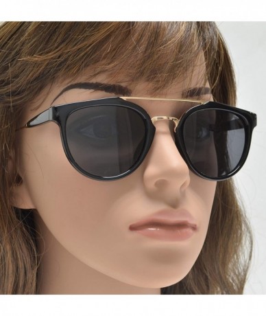 Oval Retro Vintage Round Flat Lens Horn Rimmed Sunglasses with Metal Brow Bar - Black Gold + Polarized Grey - CD18I5AT92K $24.80