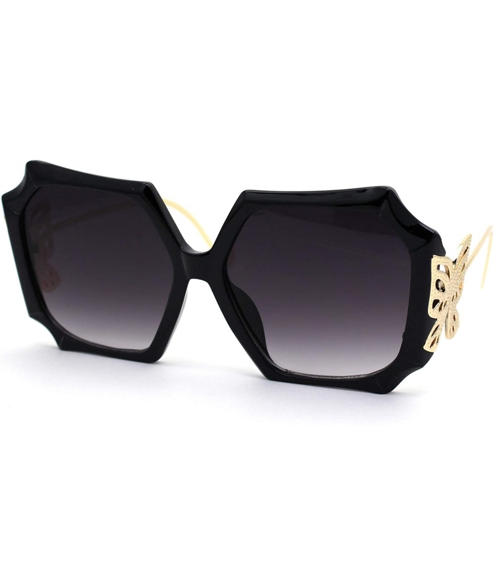 Butterfly Womens Octagonal Thick Plastic Butterfly Jewel Hinge Sunglasses - Black Gold Smoke - CH193GSLNO6 $27.82