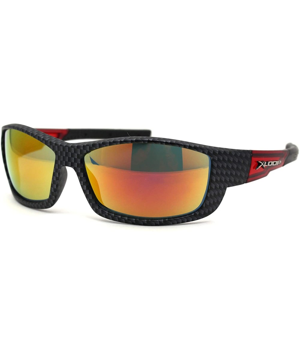 Sport Mens Carbon Fiber Print Rectangular Warp Sport Sunglasses - Red Fuchsia Mirror - CD19572A2LS $24.52