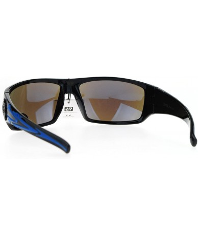 Wrap Mens Sunglasses Biker Wrap Around Rectangle Frame UV 400 - Black Blue (Blue Mirror) - C1186OXHGLZ $21.92