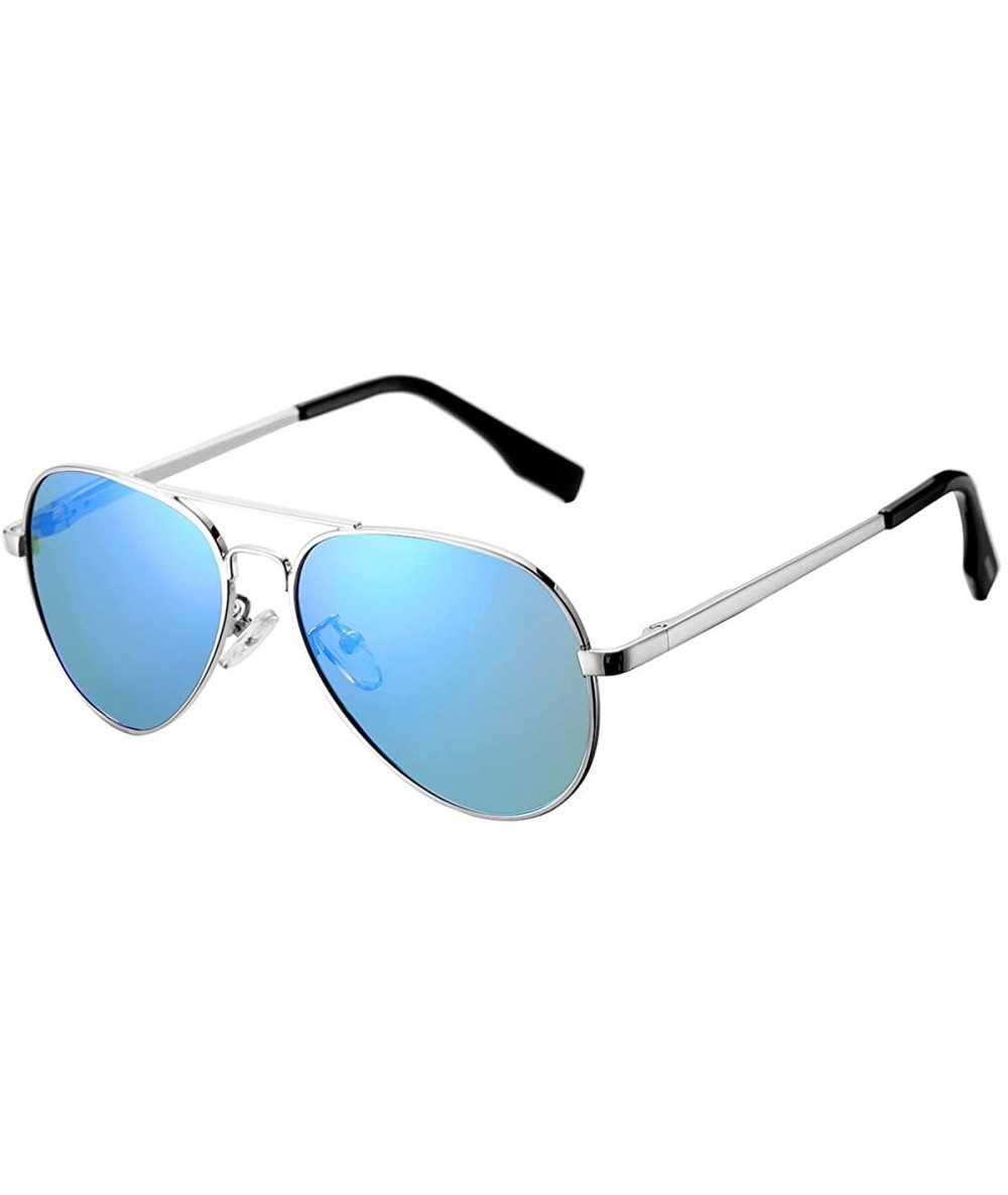 Aviator Classic Aviator Sunglasses for Men Women Polarized Lens - UV400- 58mm - Silver Frame/Blue Mirrored Lens - CV18O3LENTY...