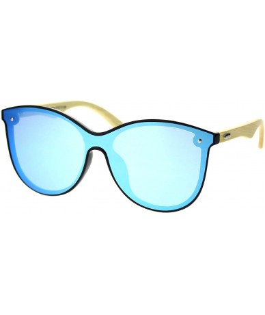 Shield Womens Bamboo Wood Arm Shield Panel Horn Sunglasses - Black Blue Mirror - C918T9GC4ZE $25.22