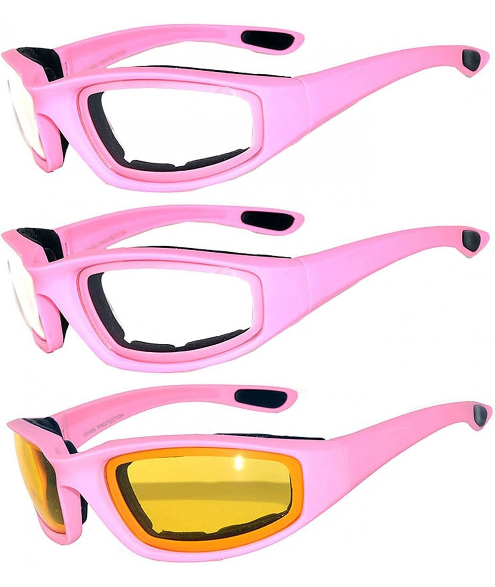 Goggle Set of 3 Pairs Pink Motorcycle Padded Foam Glasses Yellow Clear Lens - CU17YD235KQ $27.90