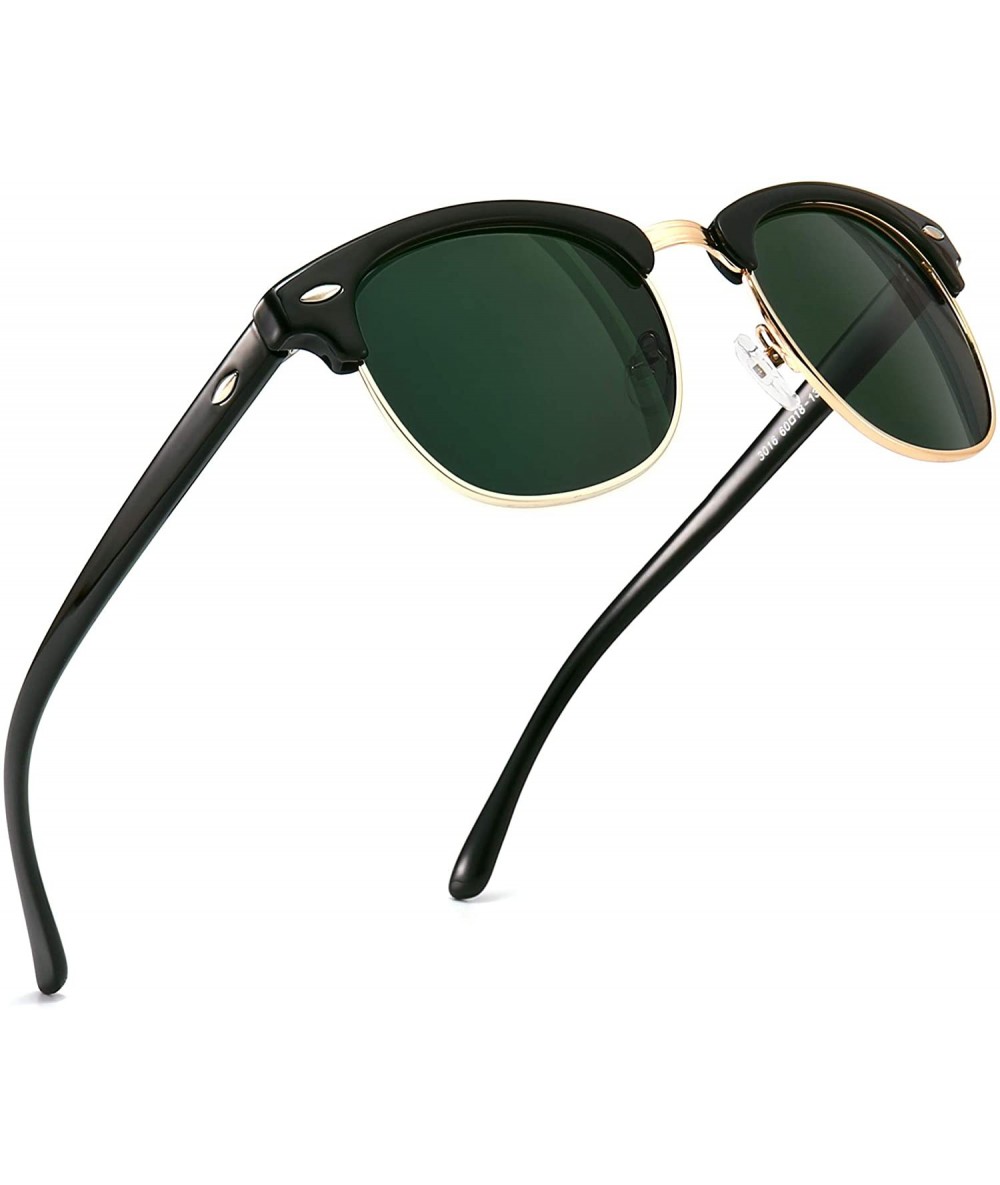 Semi-rimless Classic Half Frame Retro Sunglasses with Polarized Lens - Black Plastic Frame Glossy Finish/Green Lens - C018CNS...