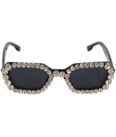 Cat Eye Oversized Rhinestone Aviator Sunglasses for Women Diamond Shades - Black Frame/Grey Lens - C818XTCZR57 $31.97